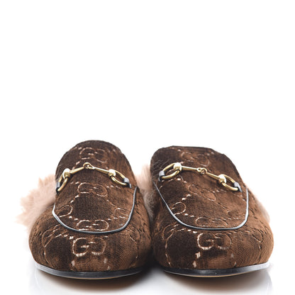 Gucci Velvet GG Monogram Fur Womens Princetown Slippers 39 Brown Black Natural 2 of 7