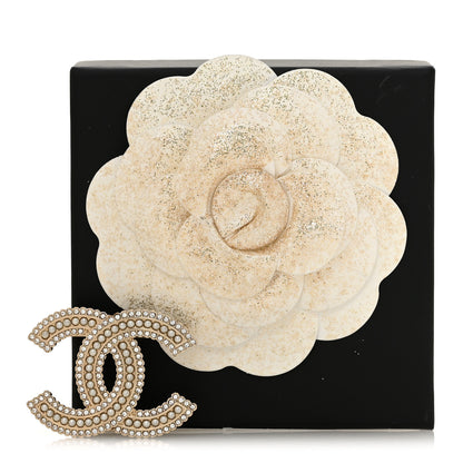 Chanel Pearl Crystal Lace Camellia CC Brooch Gold 4 of 4