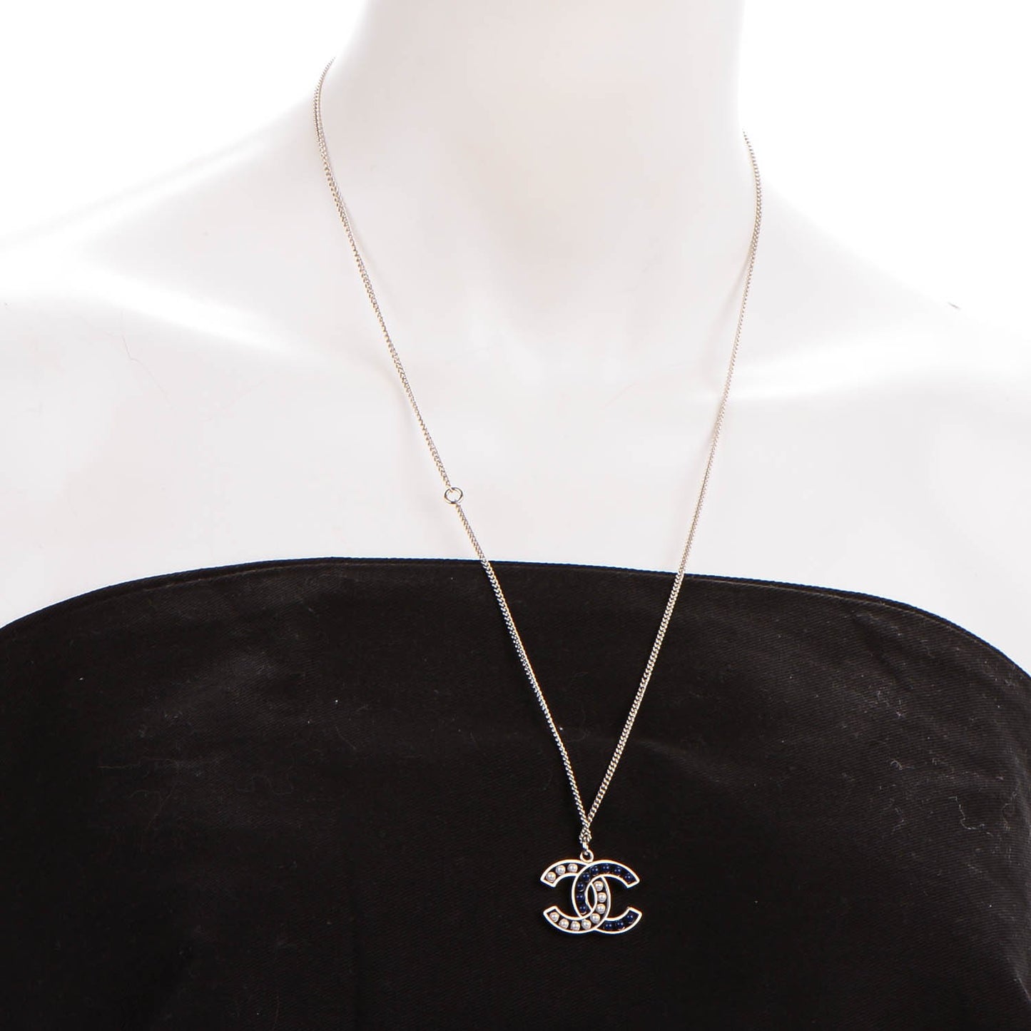 Pearl Beaded CC Necklace White Blue Silver