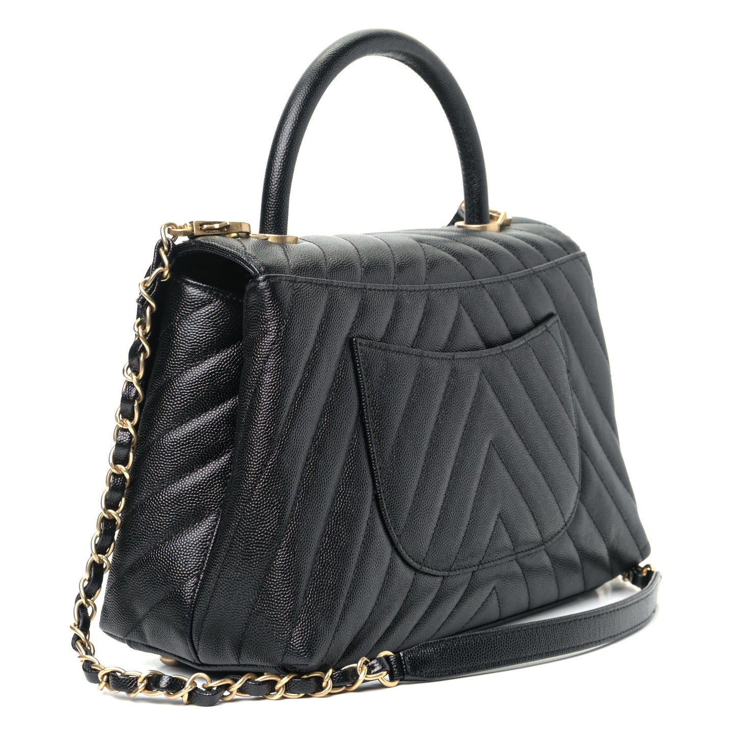 Caviar Chevron Quilted Small Coco Handle Flap Black