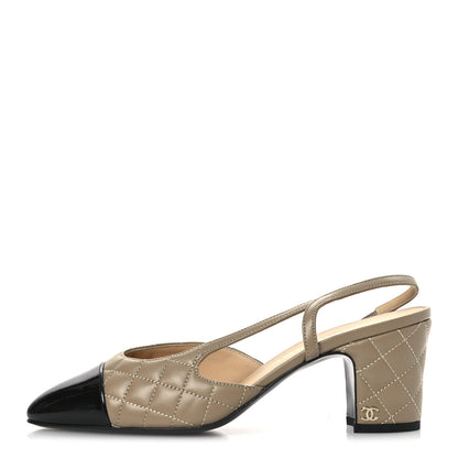 Chanel Lambskin Patent Calfskin Quilted Cap Toe CC Slingback Pumps 37.5 Beige Black 2 of 36