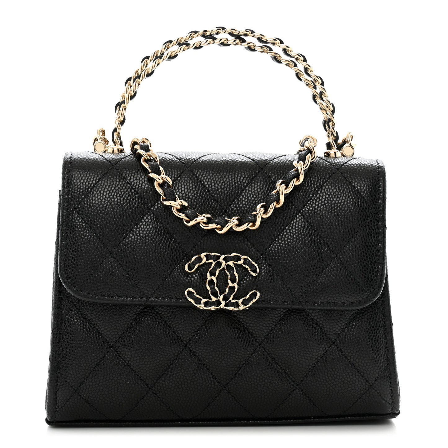 Caviar Quilted Double Chain Top Handle Flap With Chain Black