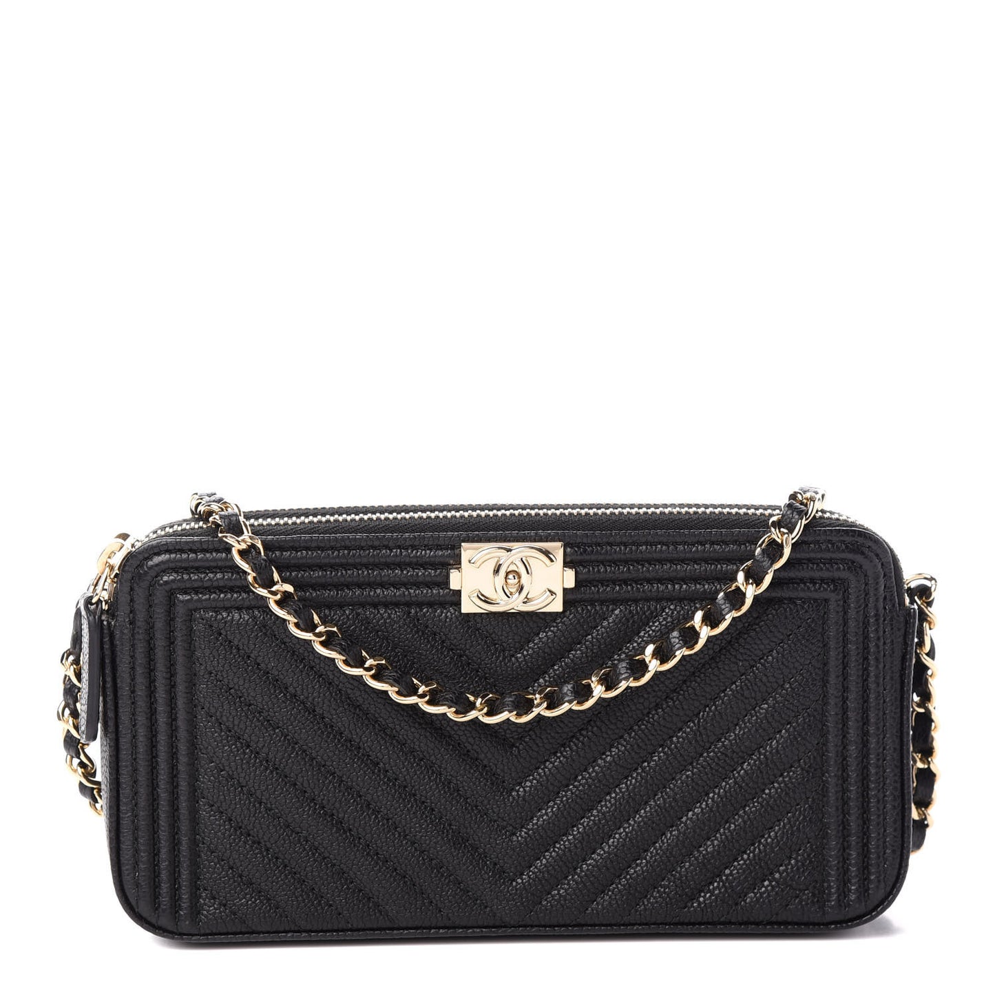 Caviar Chevron Small Boy Clutch With Chain Black