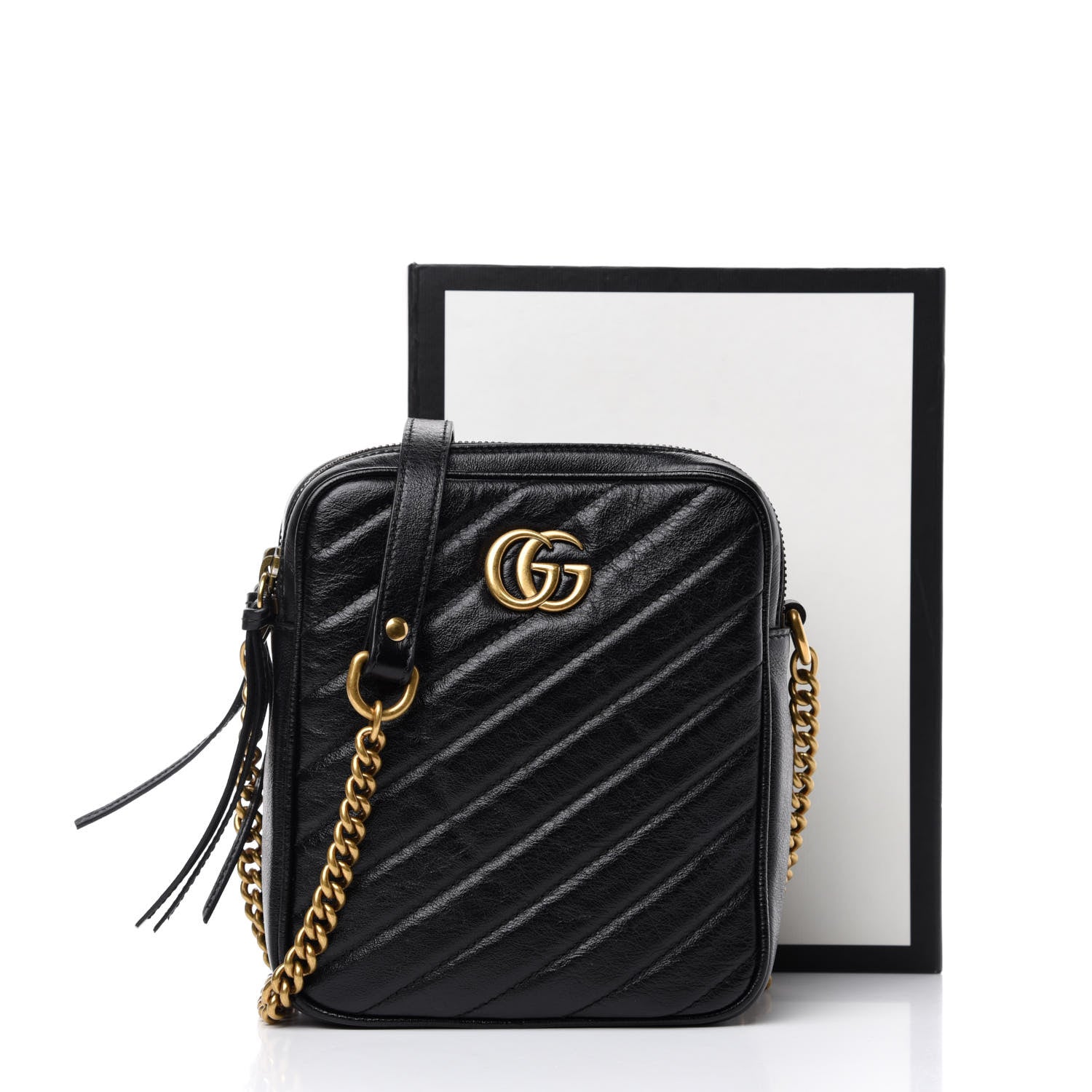 Gucci Azalea Calfskin Matelasse Diagonal Tall GG Marmont Crossbody Bag Black 11 of 11