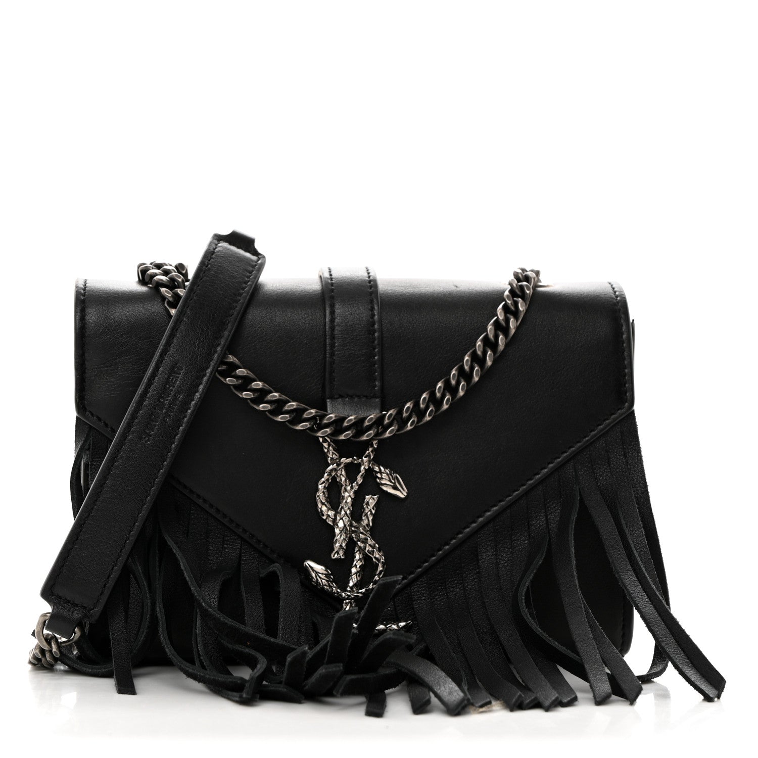 Saint Laurent Calfskin Fringe Baby Snake Monogram Satchel Black 1 of 10