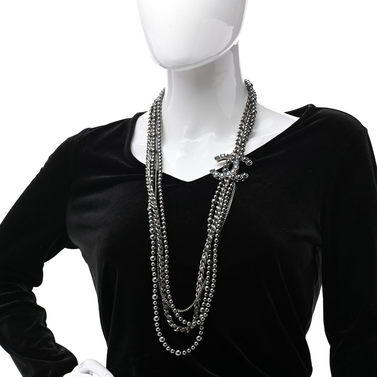 Crystal Pearl Lambskin CC Multi Strand Necklace Grey Silver