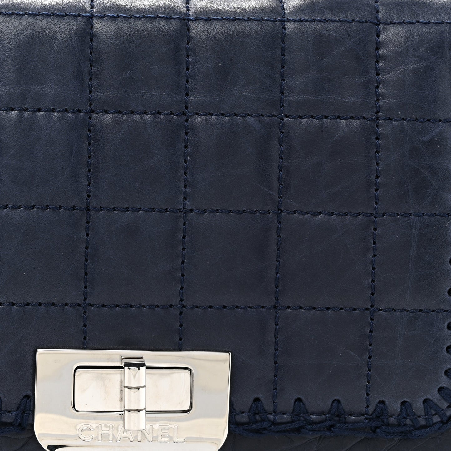Aged Calfskin Square Quilted Mademoiselle Crochet Flap Navy