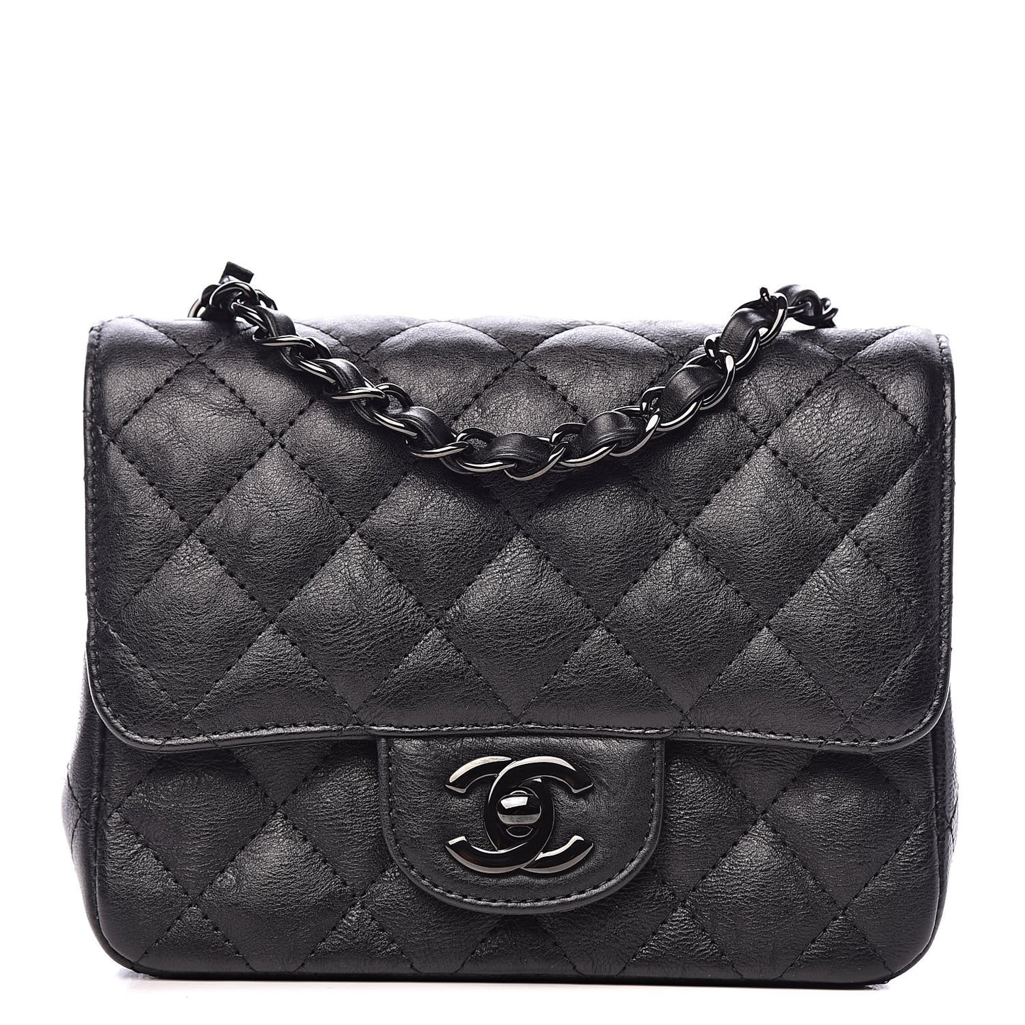 Crumpled Calfskin Quilted Mini Square Flap So Black