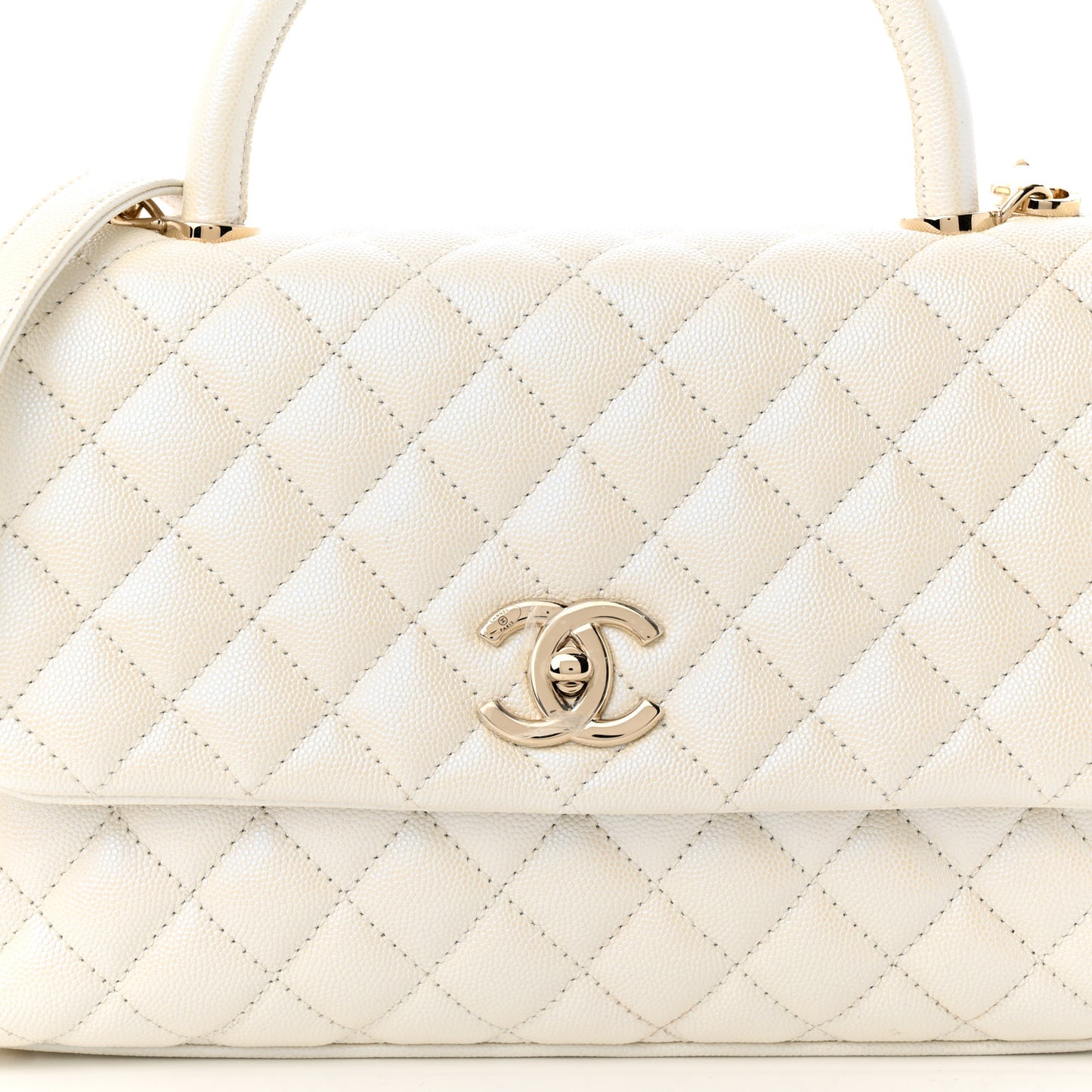 Iridescent Caviar Quilted Small Coco Handle Flap White