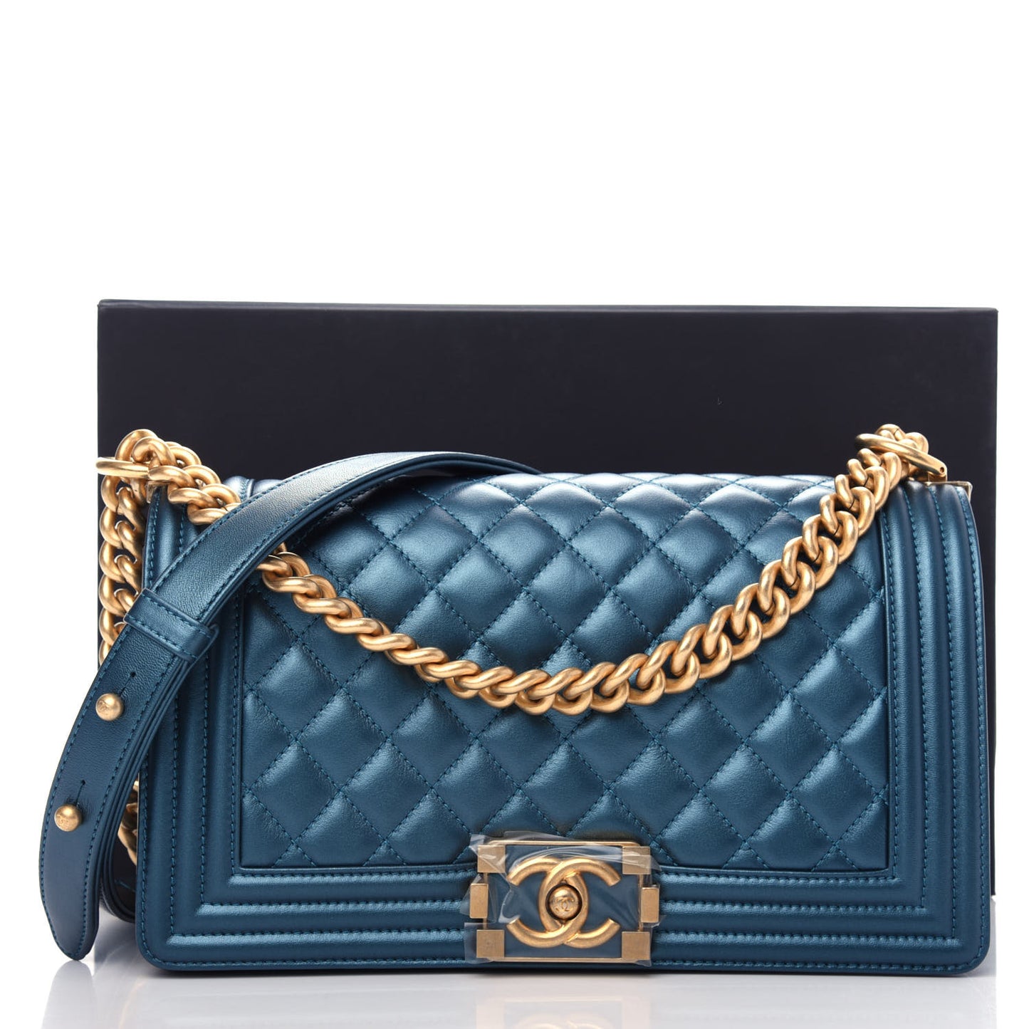 Metallic Calfskin Quilted Medium Boy Flap Blue