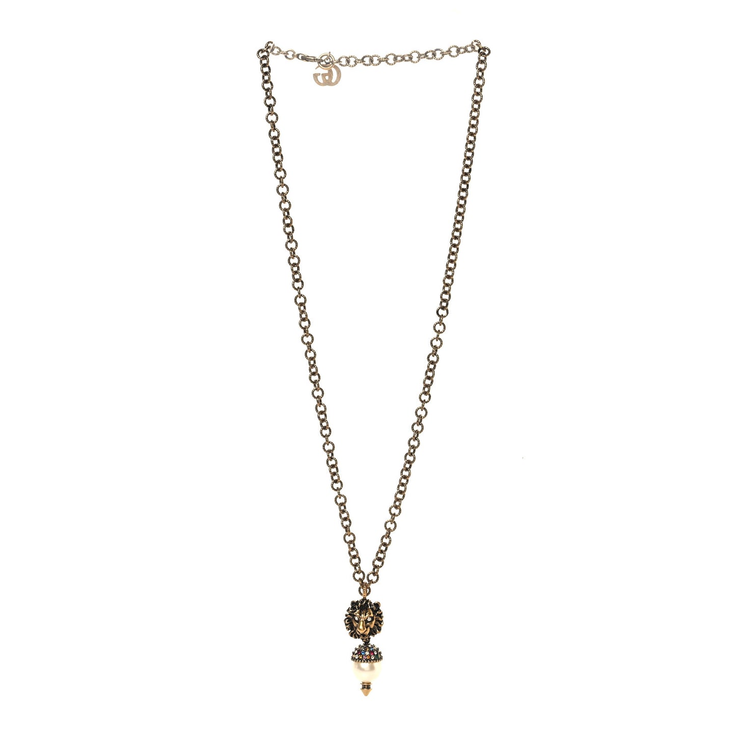 Metal Crystal Pearl Lion Head Necklace Aged Gold