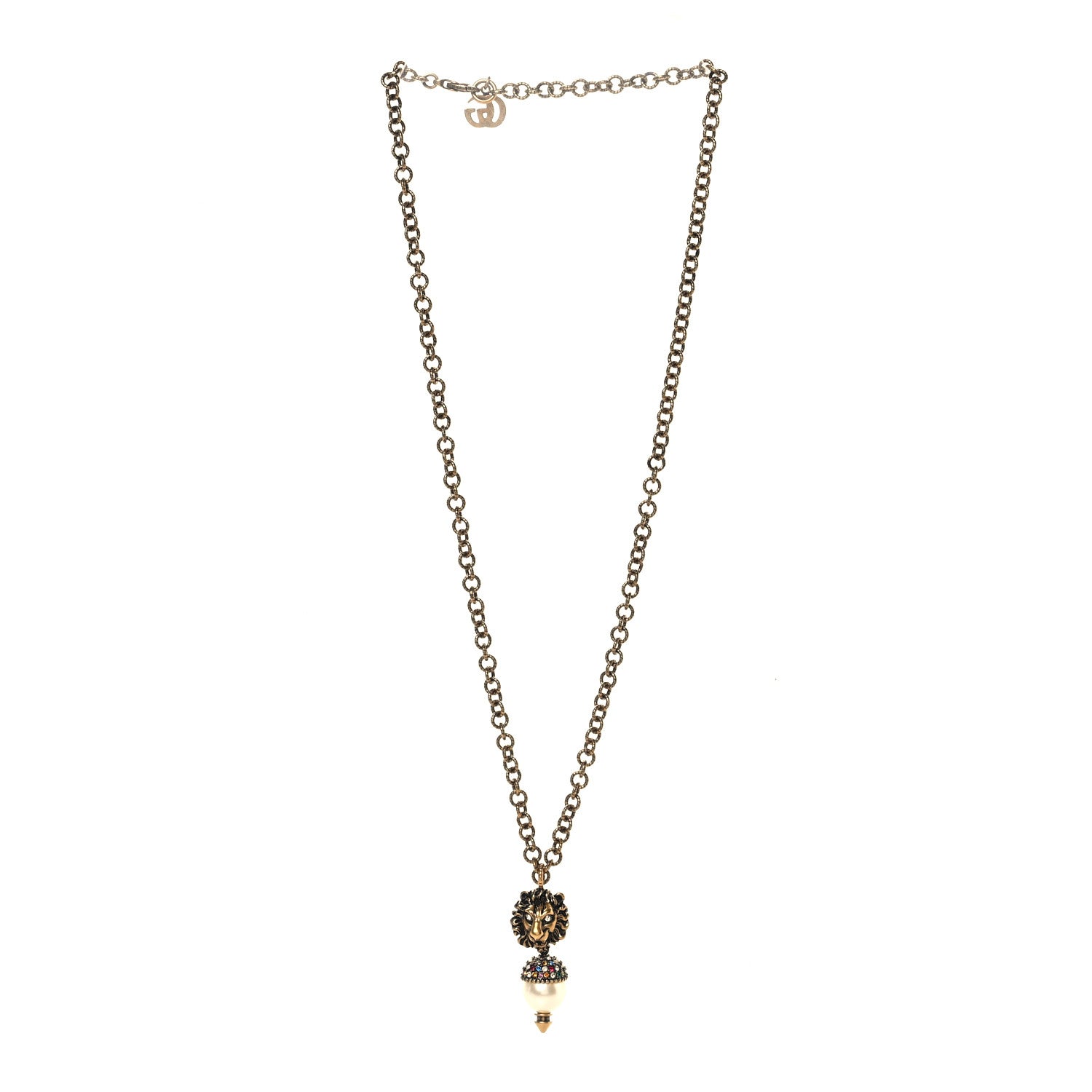 Gucci Metal Crystal Pearl Lion Head Necklace Aged Gold 3 of 4
