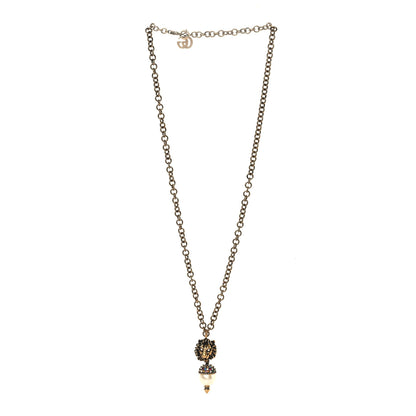 Gucci Metal Crystal Pearl Lion Head Necklace Aged Gold 3 of 4