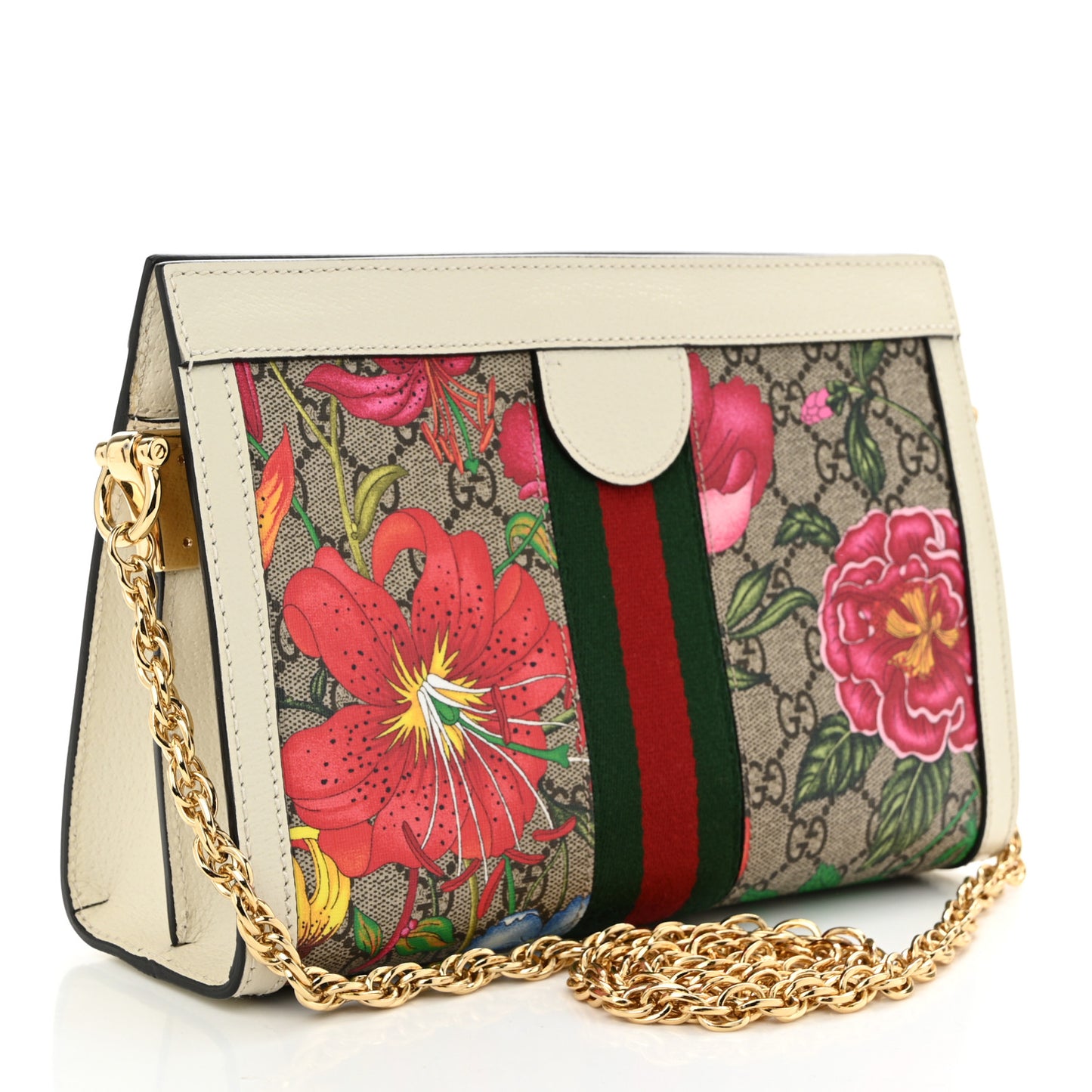 GG Supreme Monogram Flora Web Small Ophidia Chain Shoulder Bag White