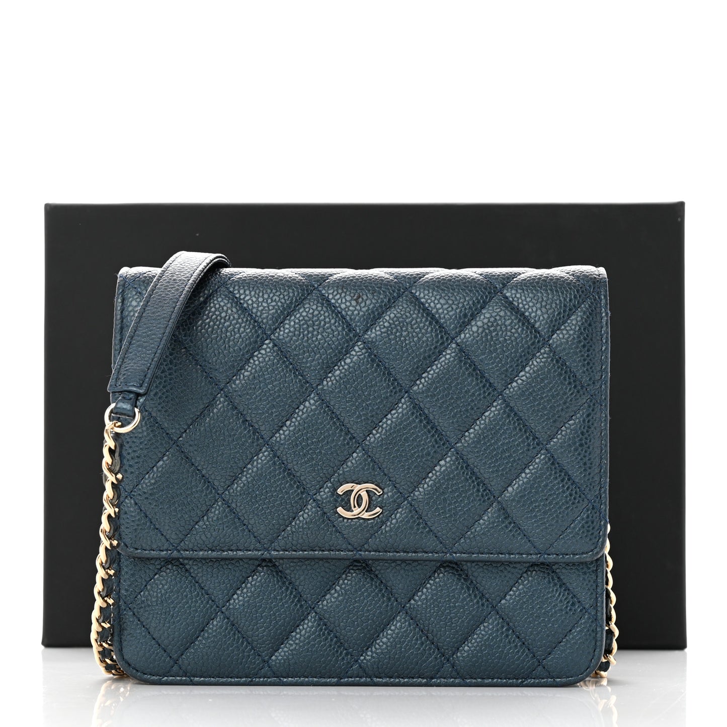 Metallic Caviar Quilted Square Wallet On Chain WOC Dark Blue