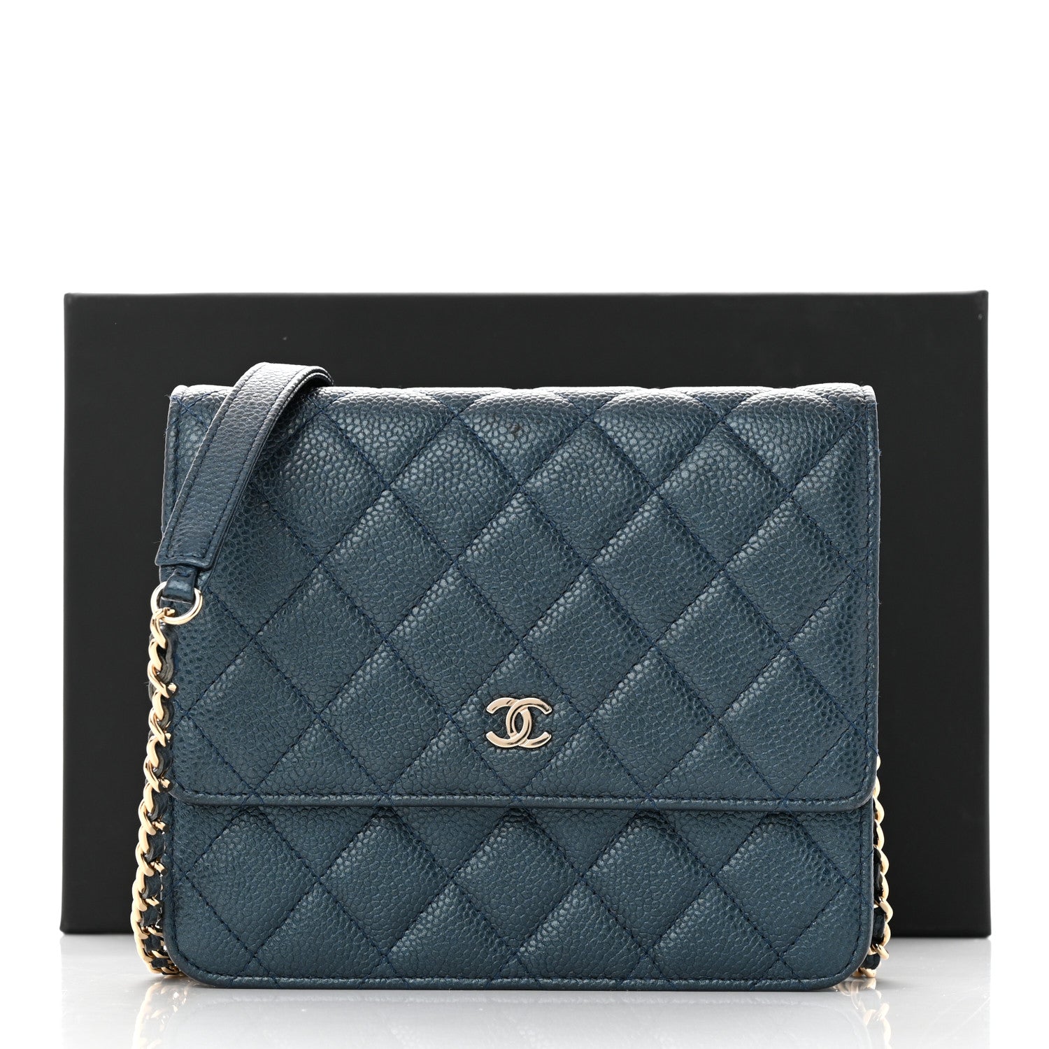 Chanel Metallic Caviar Quilted Square Wallet On Chain WOC Dark Blue 14 of 14