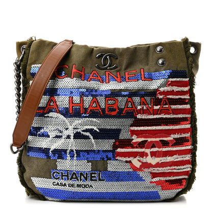 Chanel Canvas Sequins Cubano Trip Hobo Khaki 1 of 10