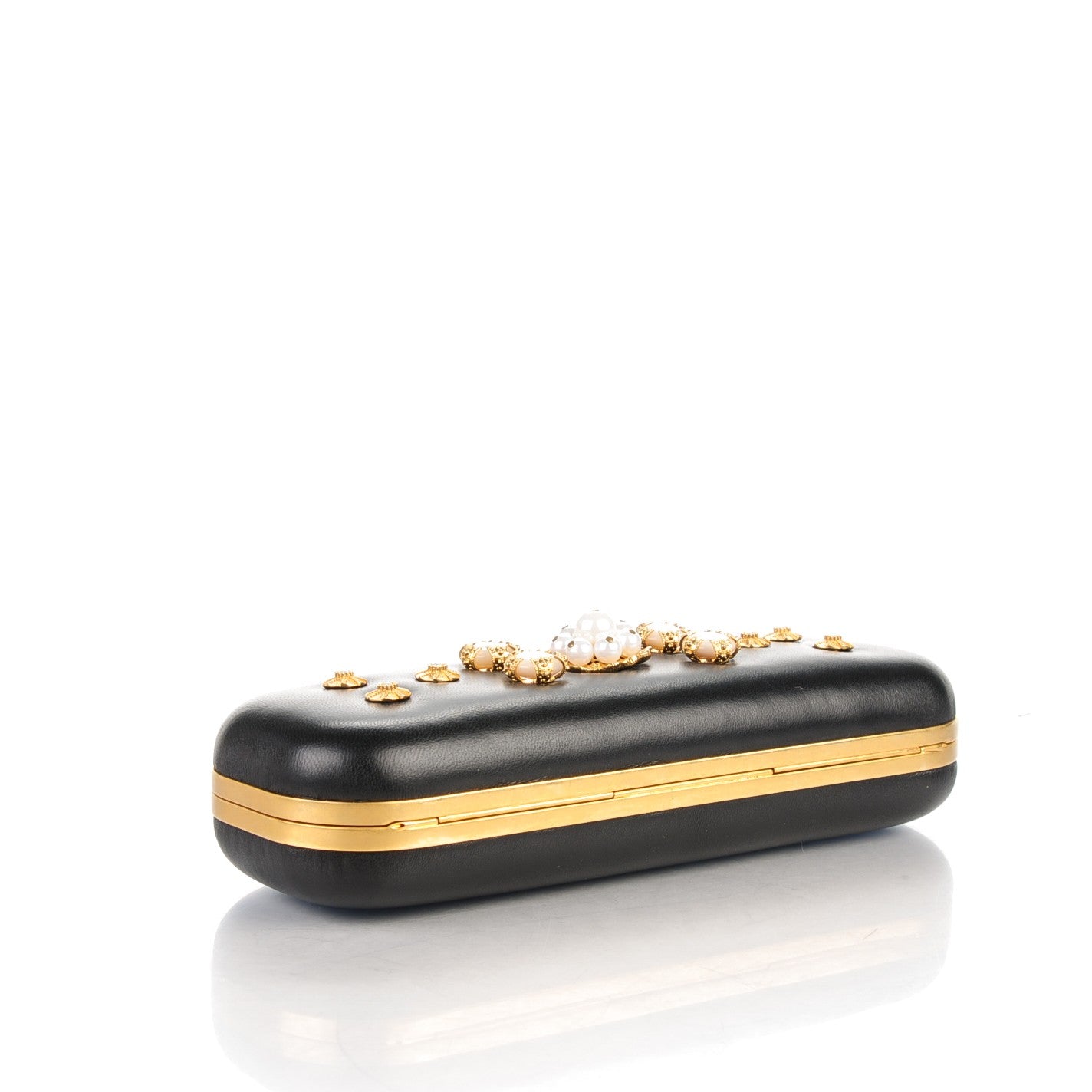 Nappa Pearl Embellished Twin Skull Box Clutch Black