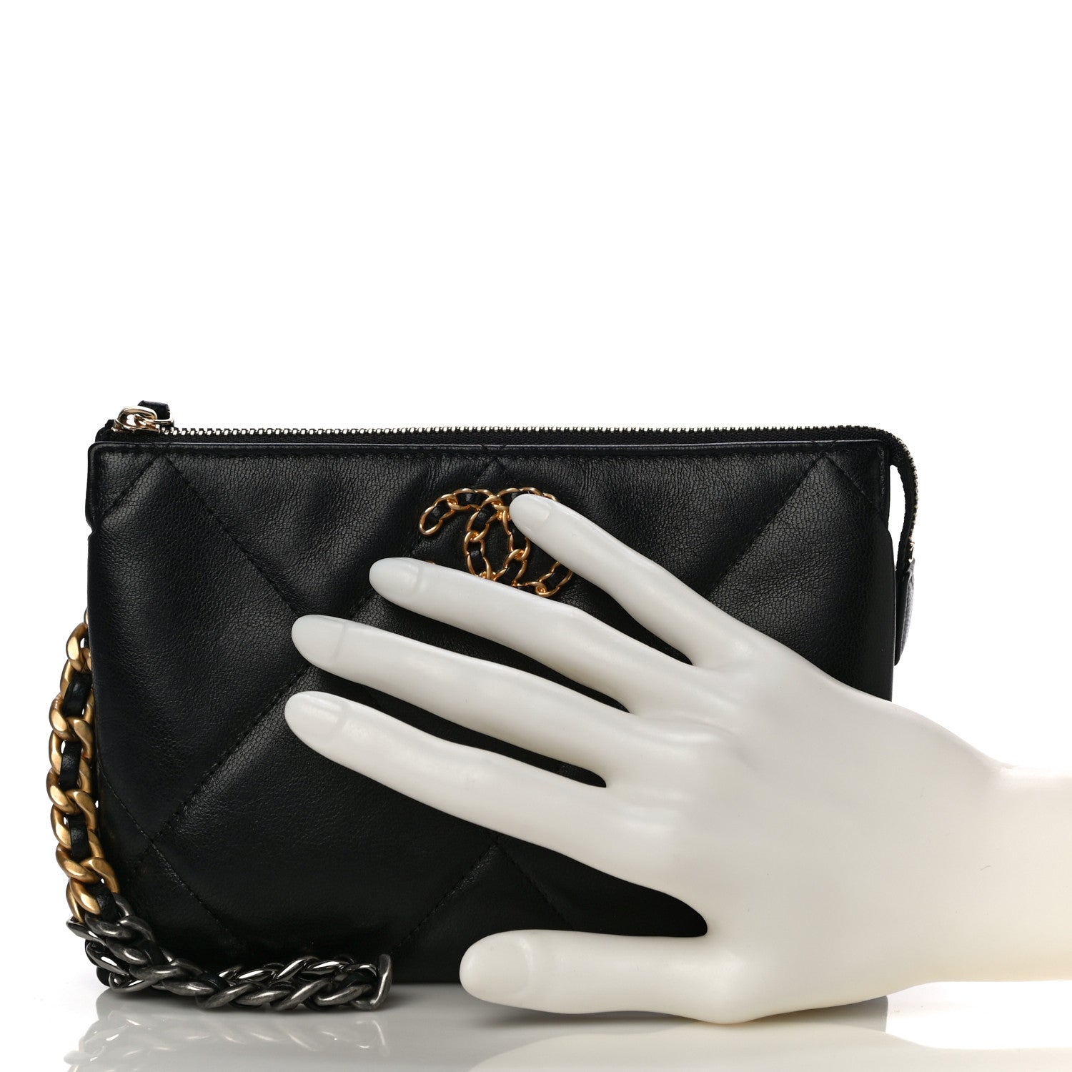 Chanel Shiny Goatskin Quilted Small Chanel 19 Pouch With Handle Black 2 of 11