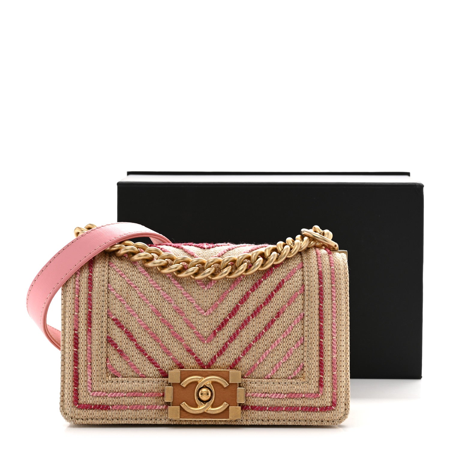 Chanel Raffia Chevron Quilted Small Boy Flap Beige Pink 12 of 12