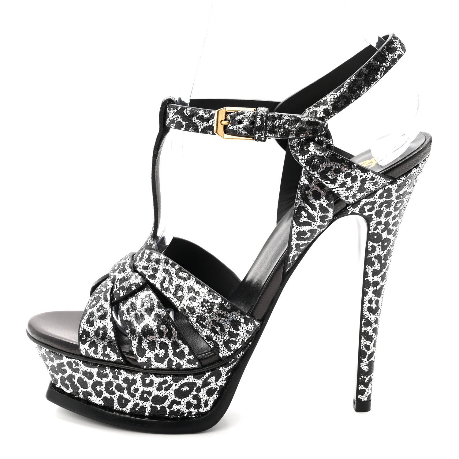 Saint Laurent Metallic Calfskin Leopard Print Tribute 105 Platform Sandals 36.5  Black Silver 1 of 10
