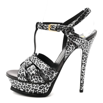 Saint Laurent Metallic Calfskin Leopard Print Tribute 105 Platform Sandals 36.5  Black Silver 1 of 10