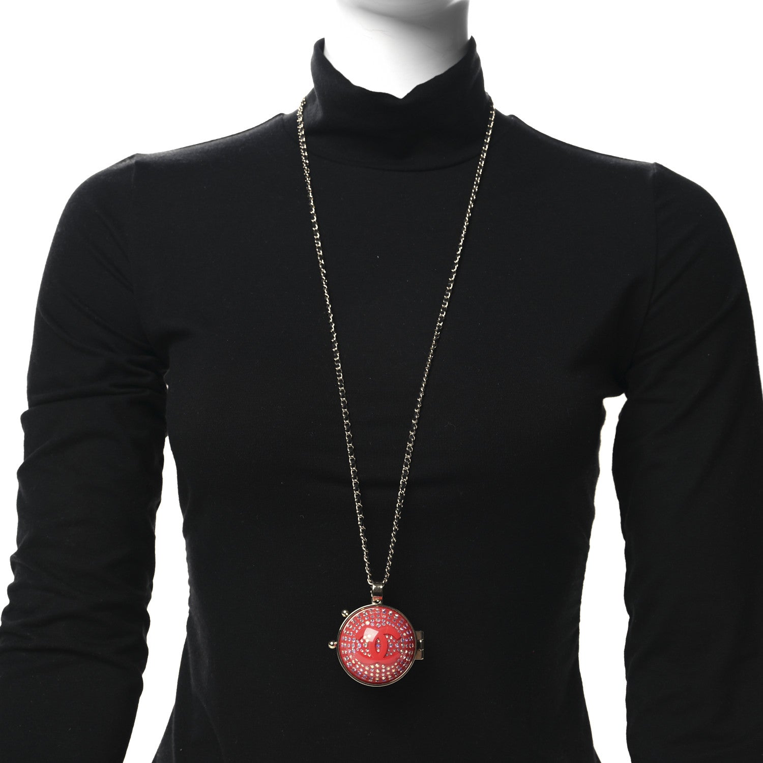 Chanel Metal Lambskin CC Crystal Locket Necklace Red 2 of 5