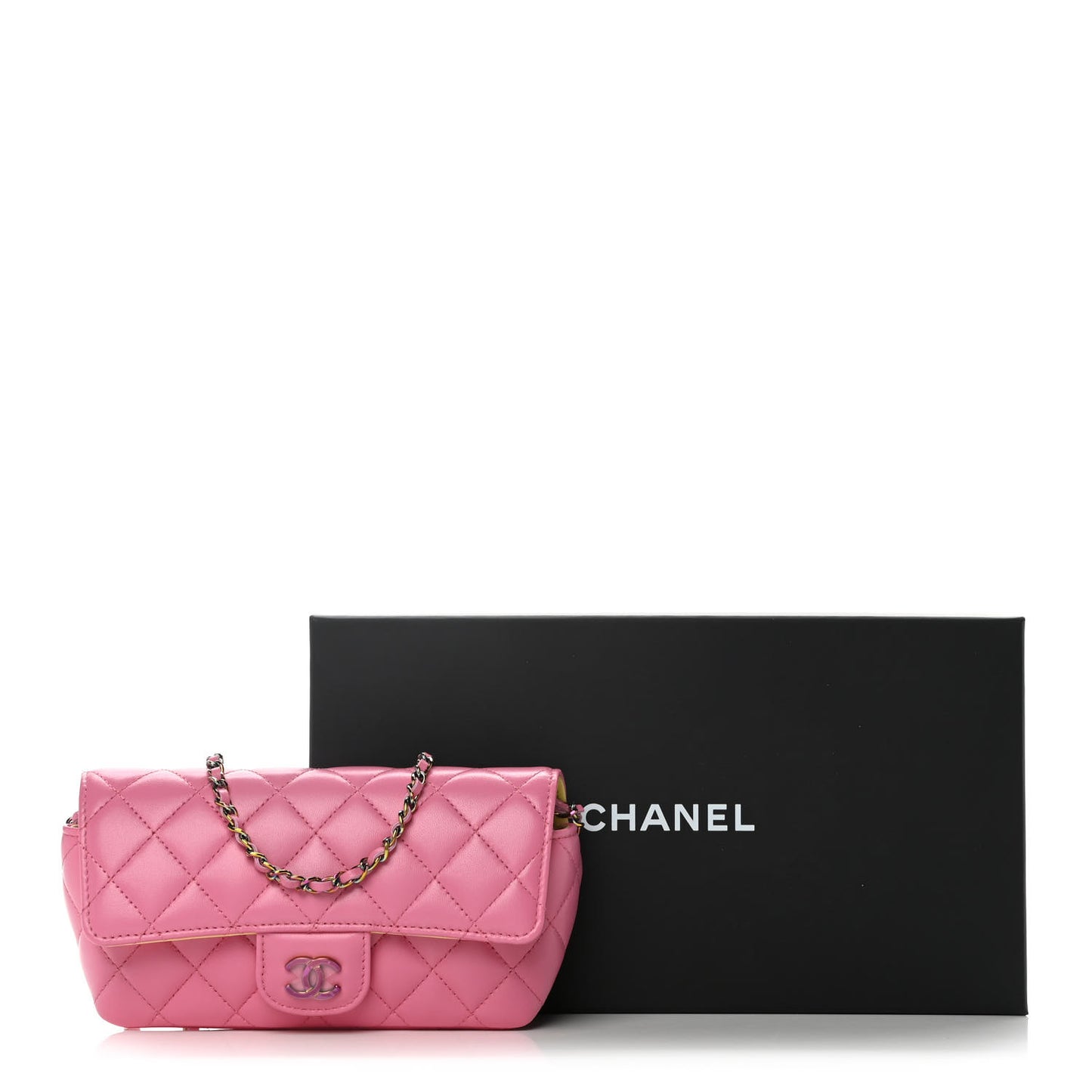 Lambskin Quilted Glasses Case With Chain Pink Yellow