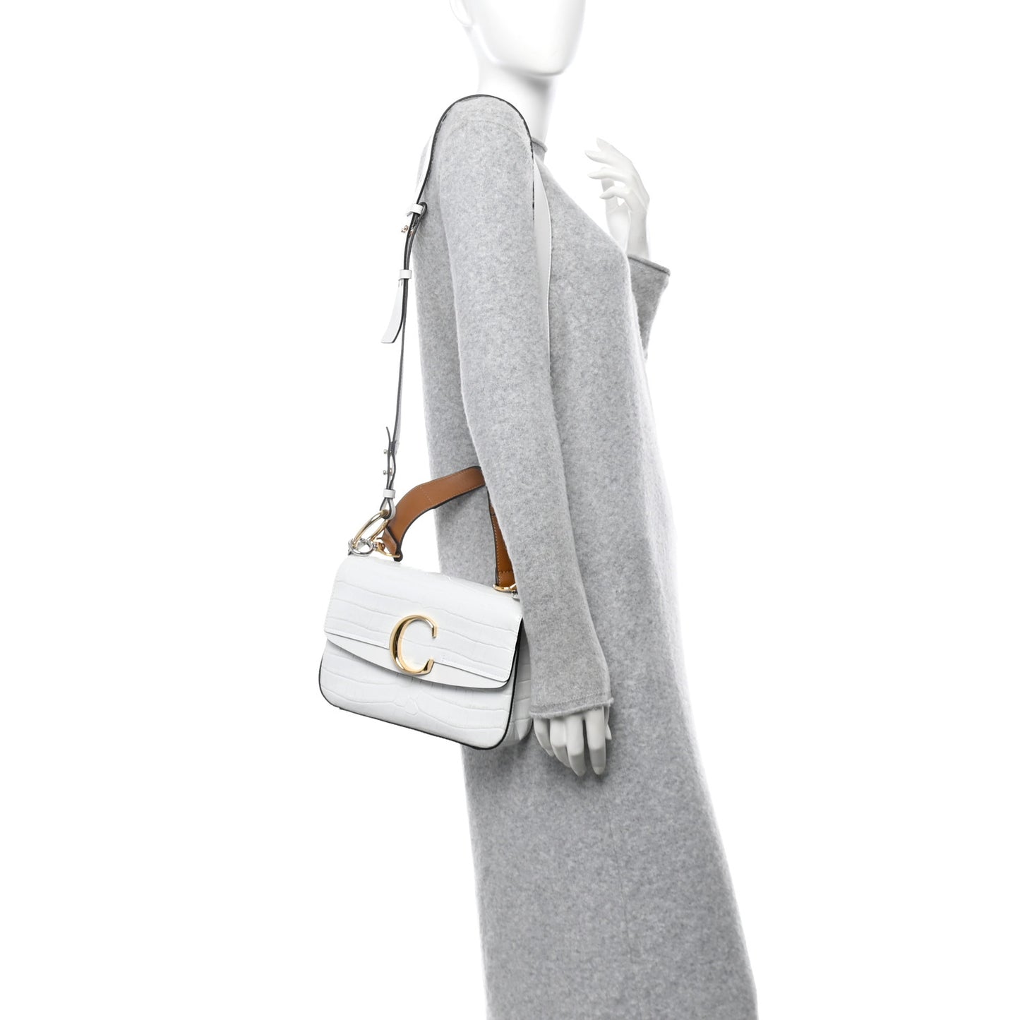 Calfskin Crocodile Embossed Small C Double Carry Brilliant White
