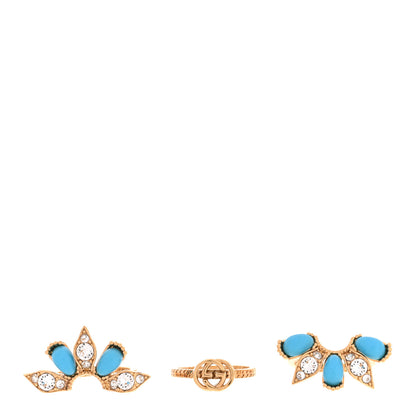 Gucci Metal Crystal Interlocking G Ring Set 53 6.25 Gold Turquoise 5 of 5