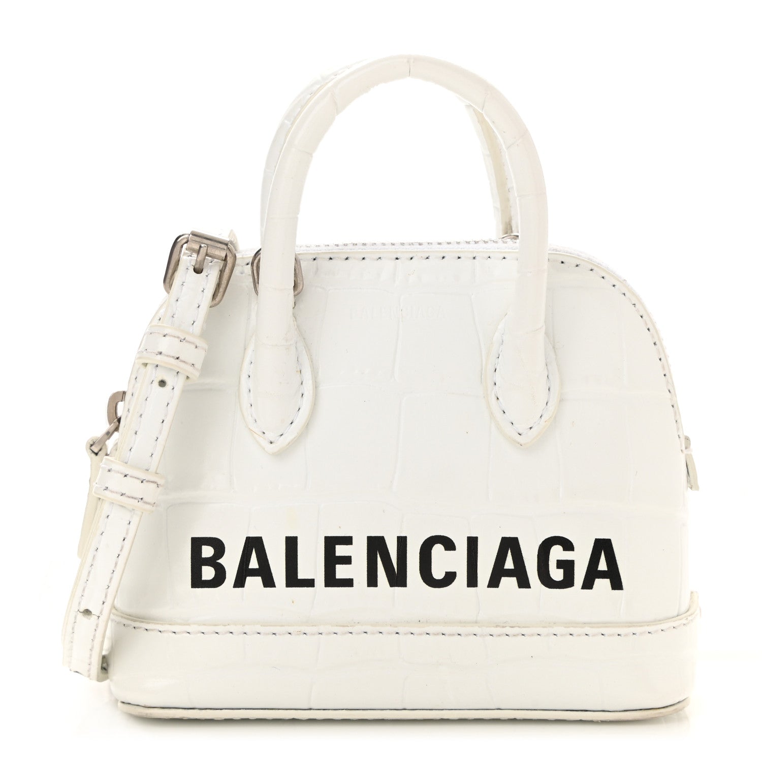 Balenciaga Calfskin Logo Crocodile Embossed Mini Ville Top Handle Bag White Black 1 of 9