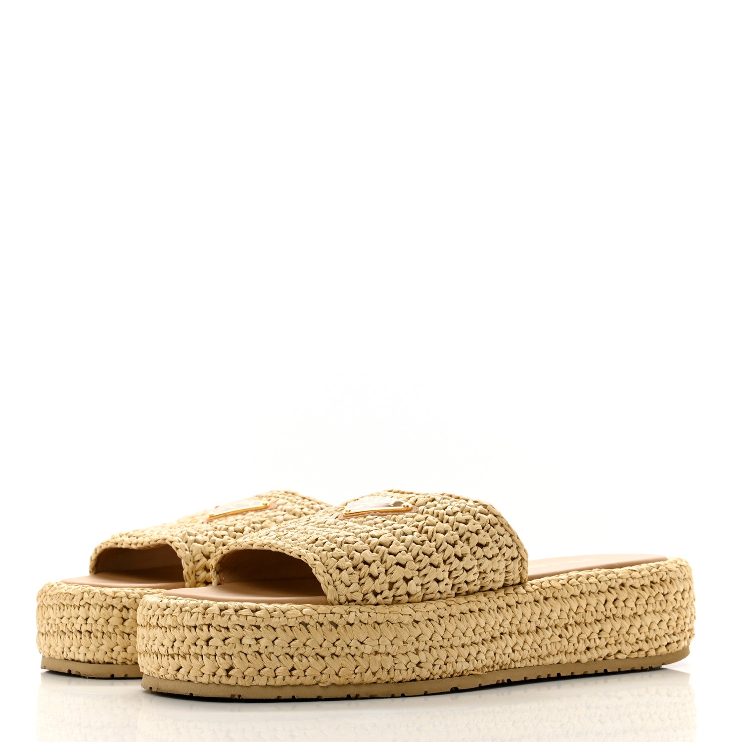 Prada Raffia Metal Triangle Logo Woven Flatform 35mm Slide Sandals 39 Naturale 3 of 10