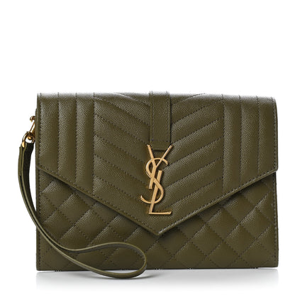 Saint Laurent Grain De Poudre Textured Mixed Matelasse Triquilt Monogram Clutch Vert Kaki 1 of 8