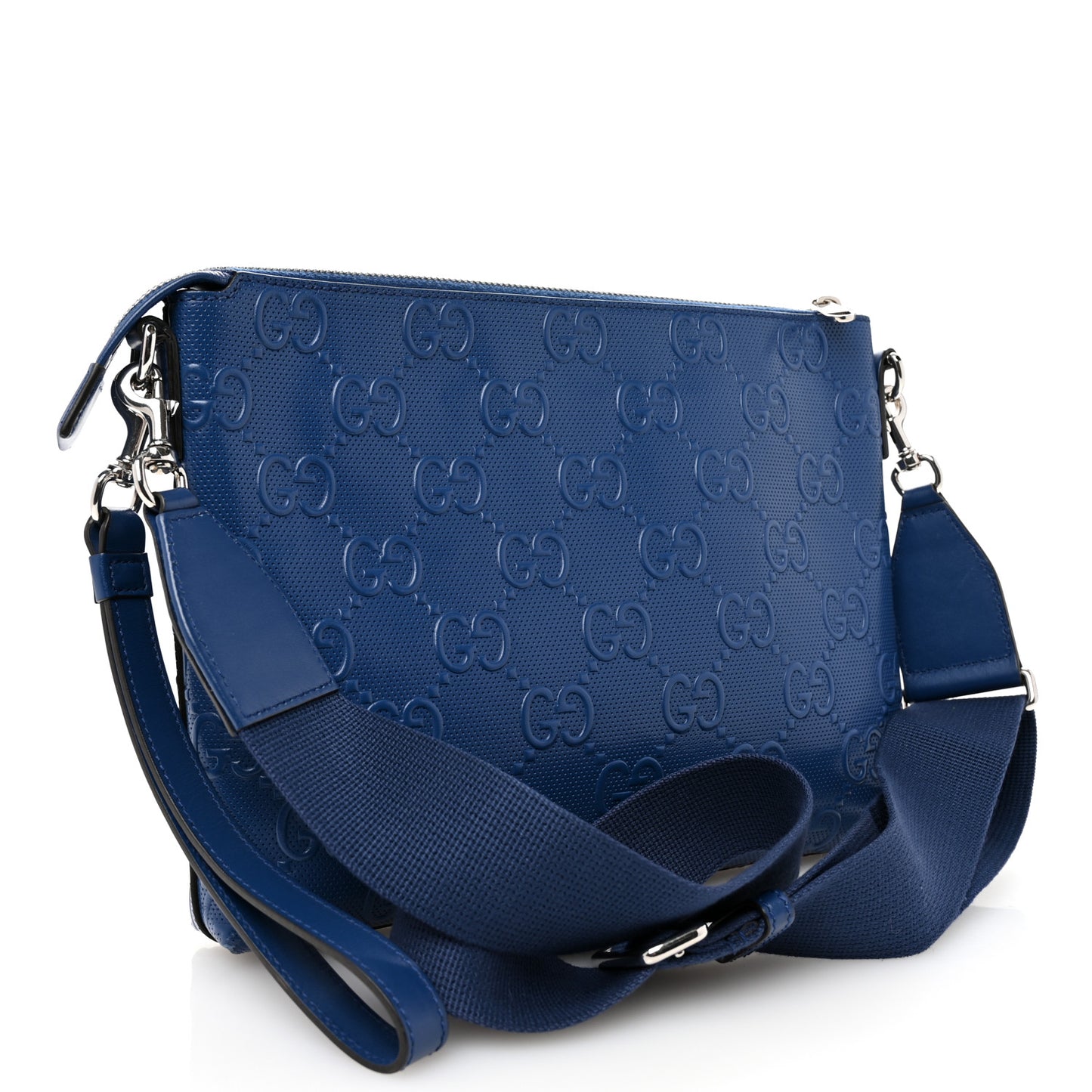 Calfskin GG Tennis Embossed Medium Wristlet Messenger Bag Intense Metal Blue