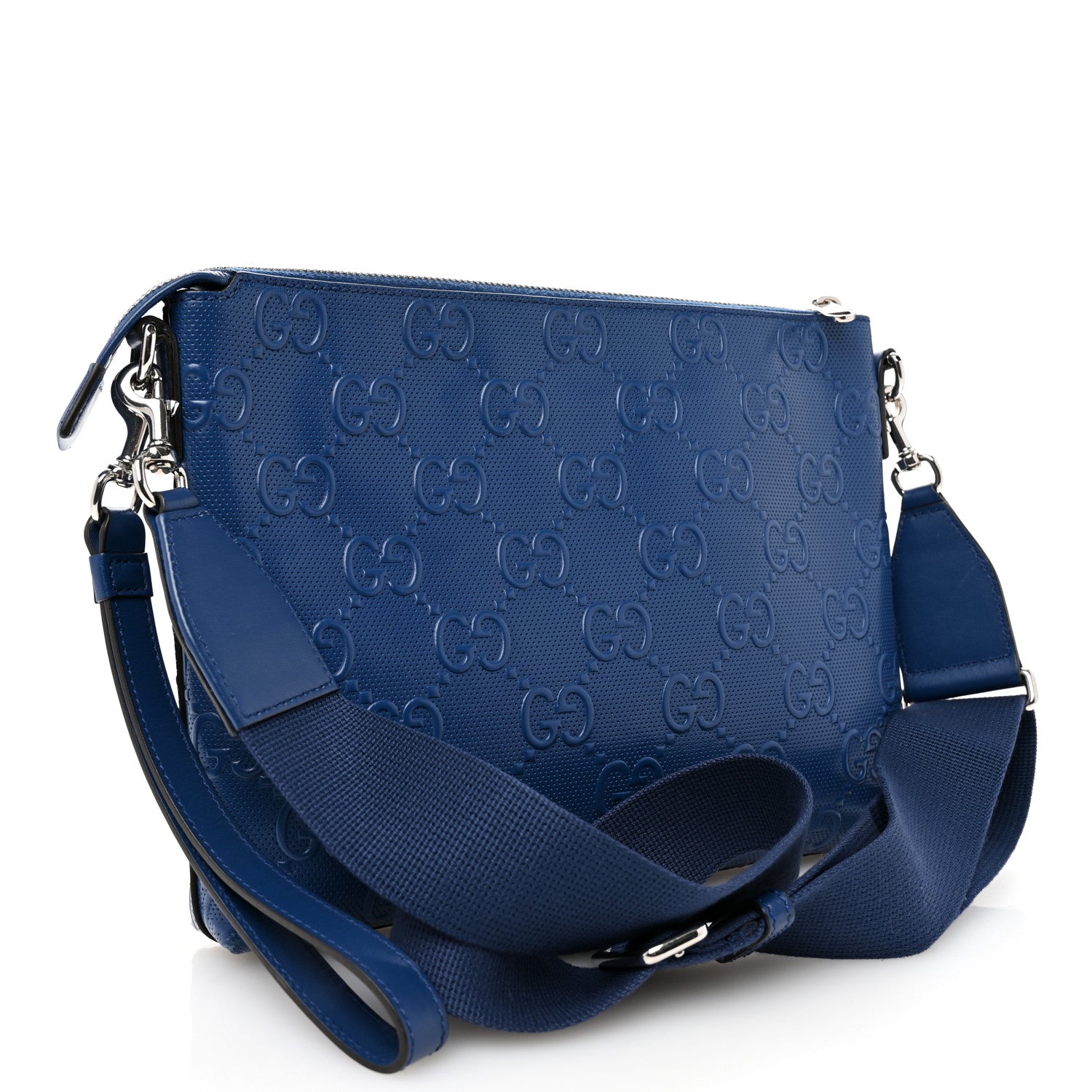 Gucci Calfskin GG Tennis Embossed Medium Wristlet Messenger Bag Intense Metal Blue 3 of 10