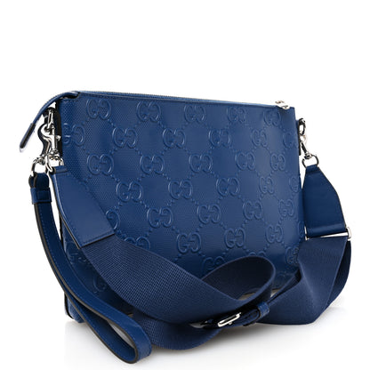 Gucci Calfskin GG Tennis Embossed Medium Wristlet Messenger Bag Intense Metal Blue 3 of 10