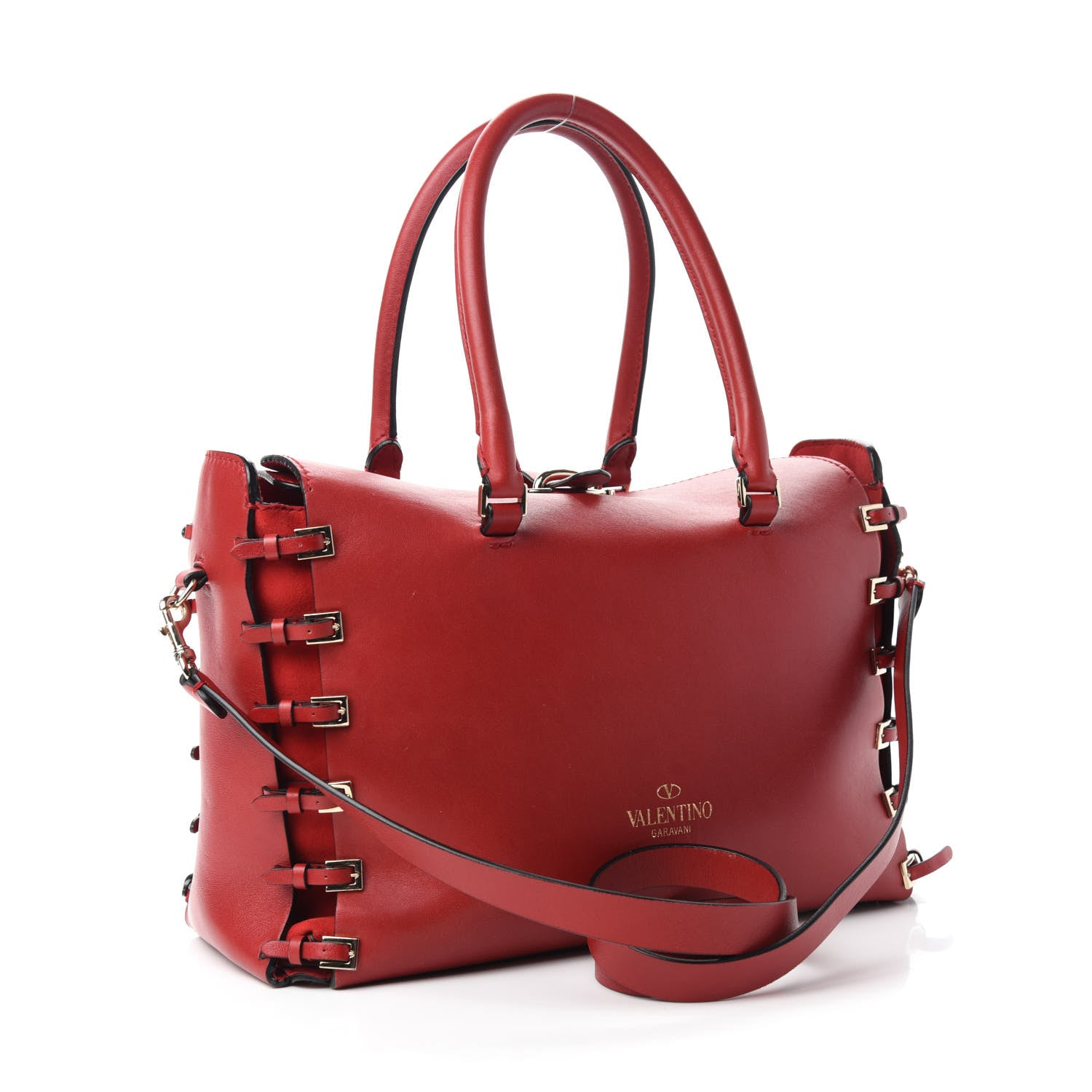 Valentino Garavani Vitello Buckle Trimmed Top Handle Satchel Red 4 of 11