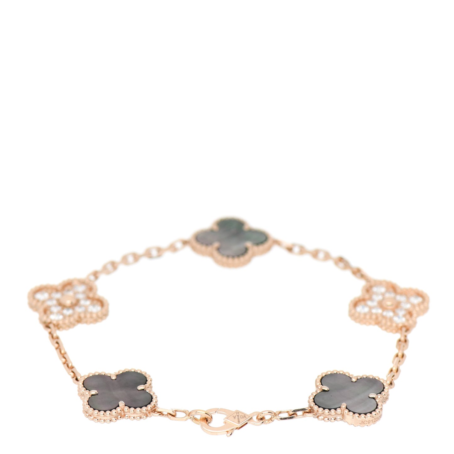 18K Rose Gold Diamond Gray Mother of Pearl 5 Motifs Vintage Alhambra Bracelet