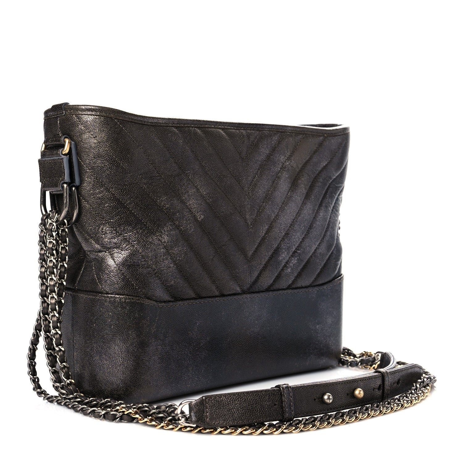 Chanel Metallic Caviar Chevron Quilted Medium Gabrielle Hobo Dark Silver Gold 3 of 16