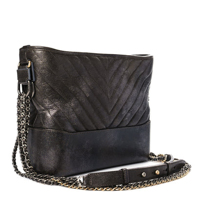 Chanel Metallic Caviar Chevron Quilted Medium Gabrielle Hobo Dark Silver Gold 3 of 16