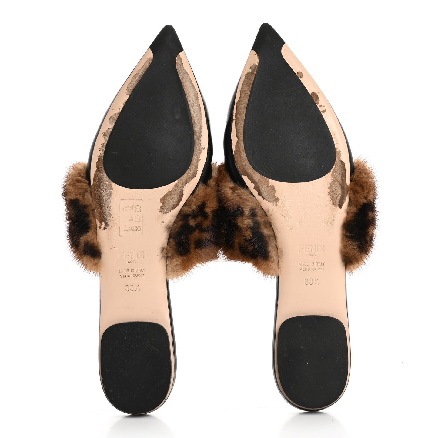 Calfskin Mink Fur FF Flat Mules 38.5 Black