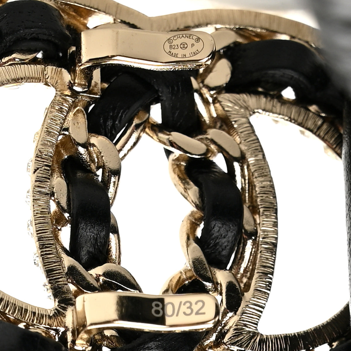 Lambskin Metal Strass Ruched Chain CC Belt 80 32 Black
