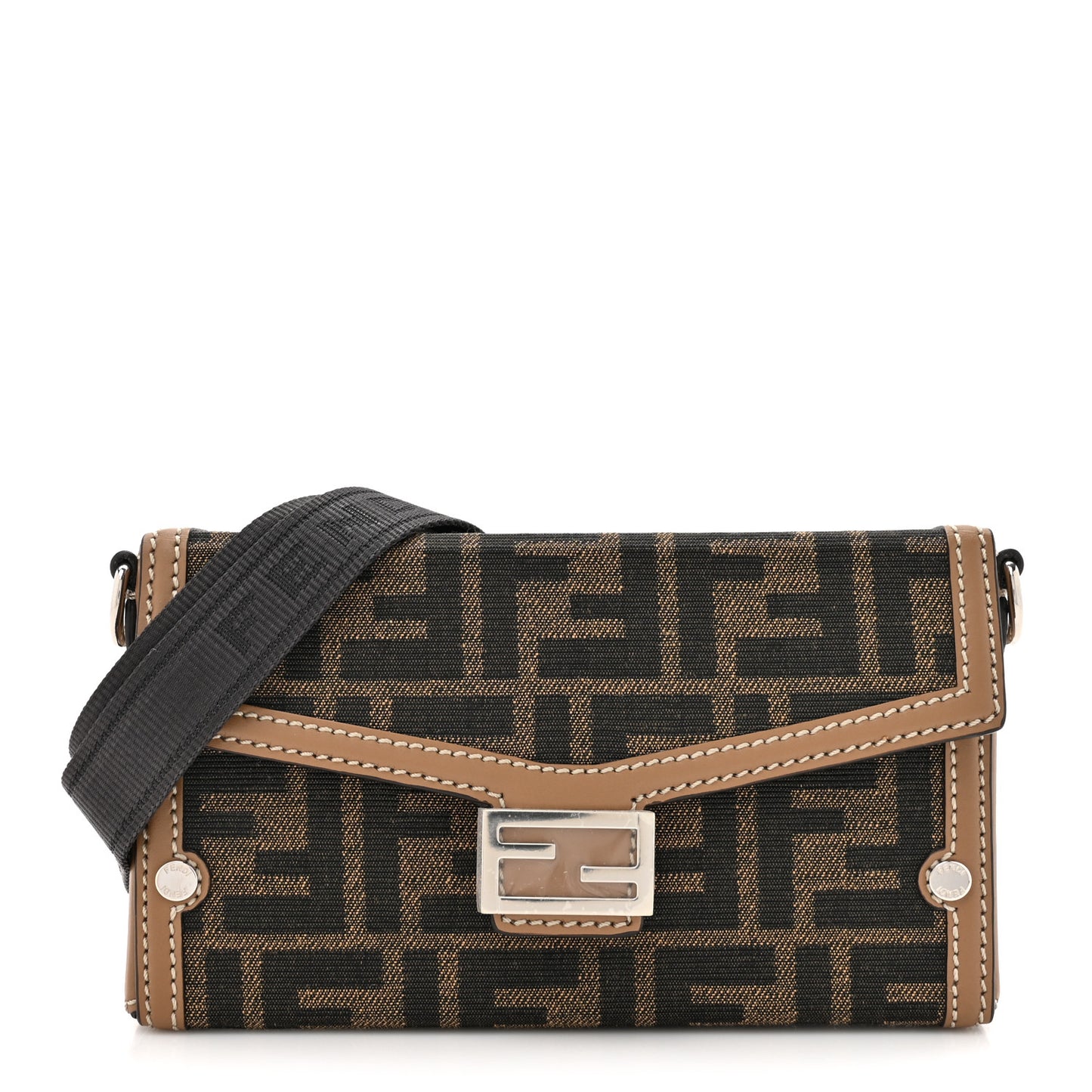 Recycled Fabric Jacquard Vitello King FF 1974 Baguette Soft Trunk Phone Pouch Tobacco Moro Sand