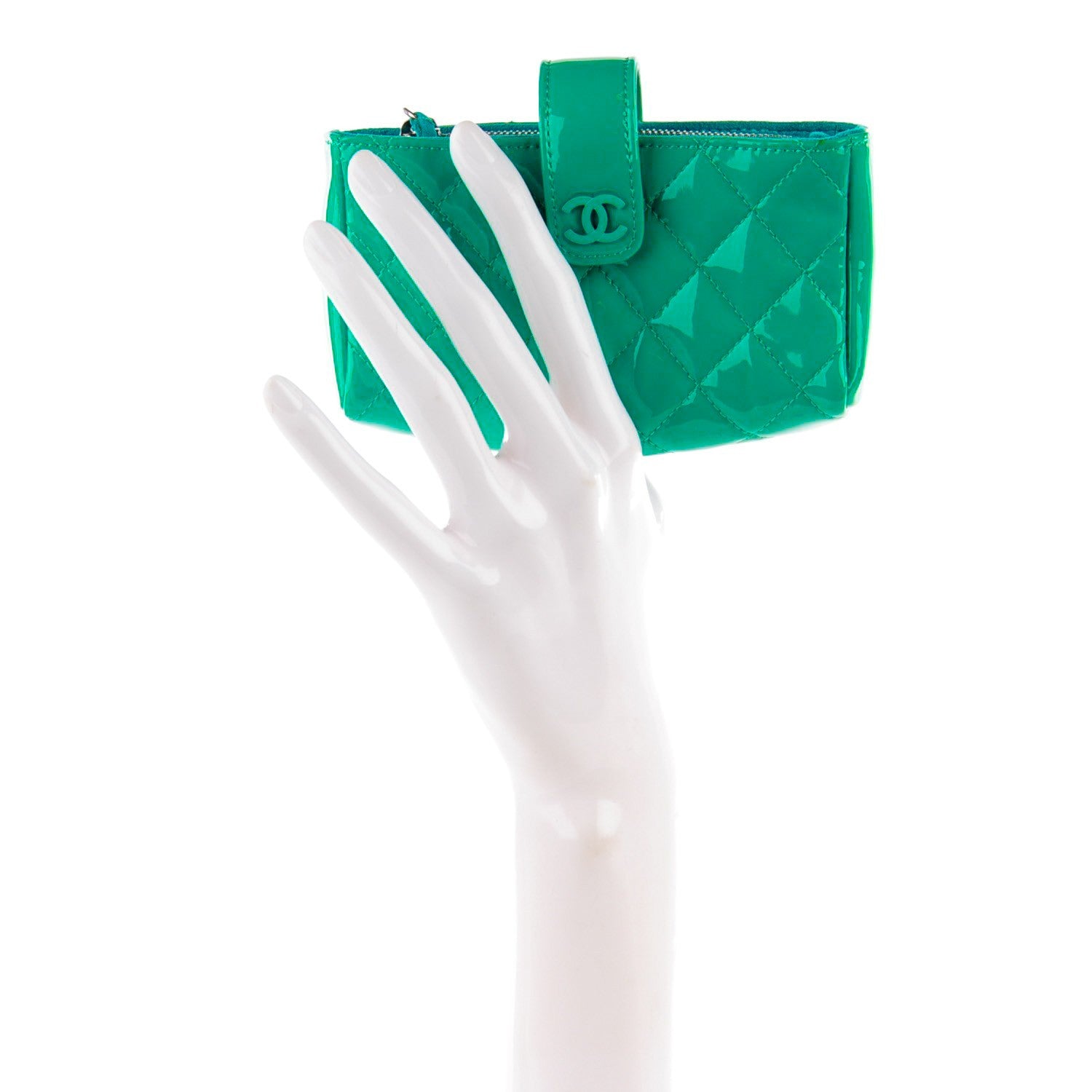 Chanel Patent Quilted Mini Phone Holder Clutch Green 2 of 8