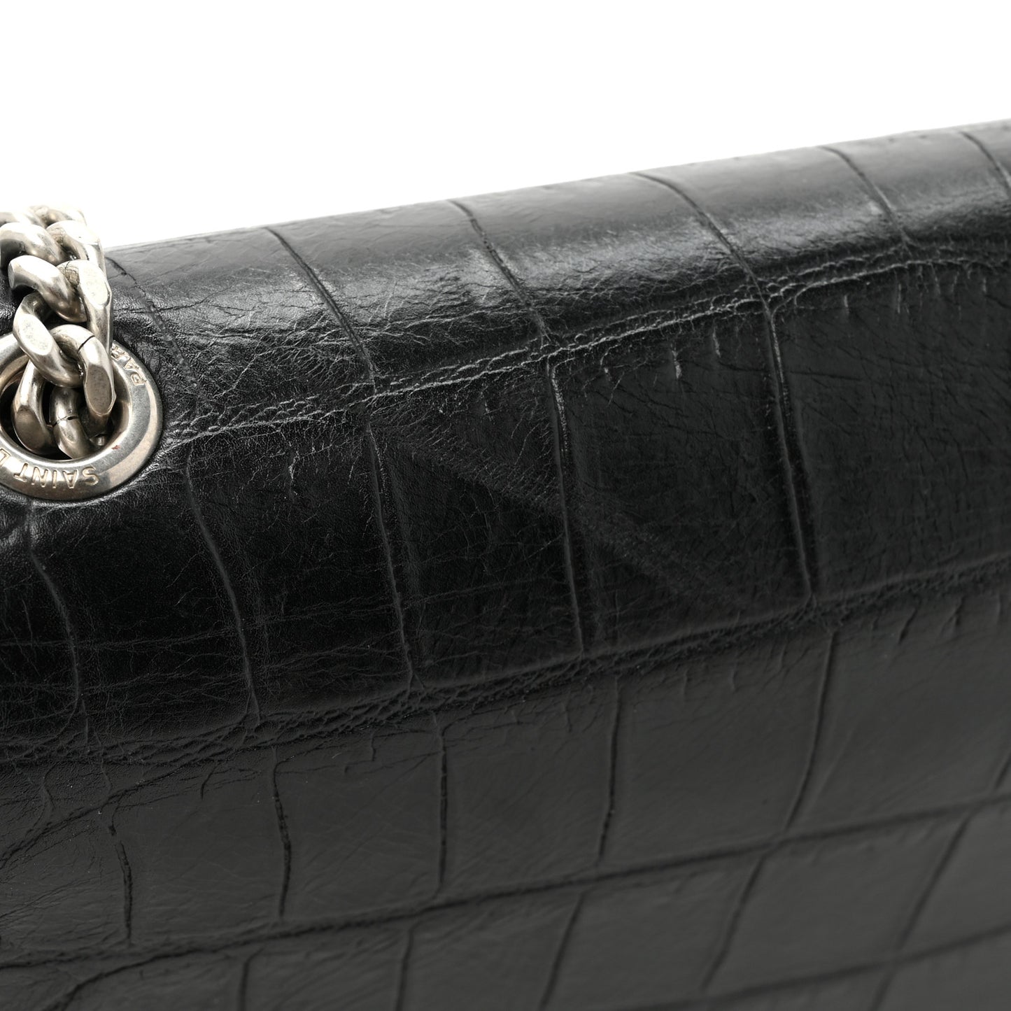 Calfskin Crocodile Embossed Medium Classic Monogram Kate Tassel Satchel Black