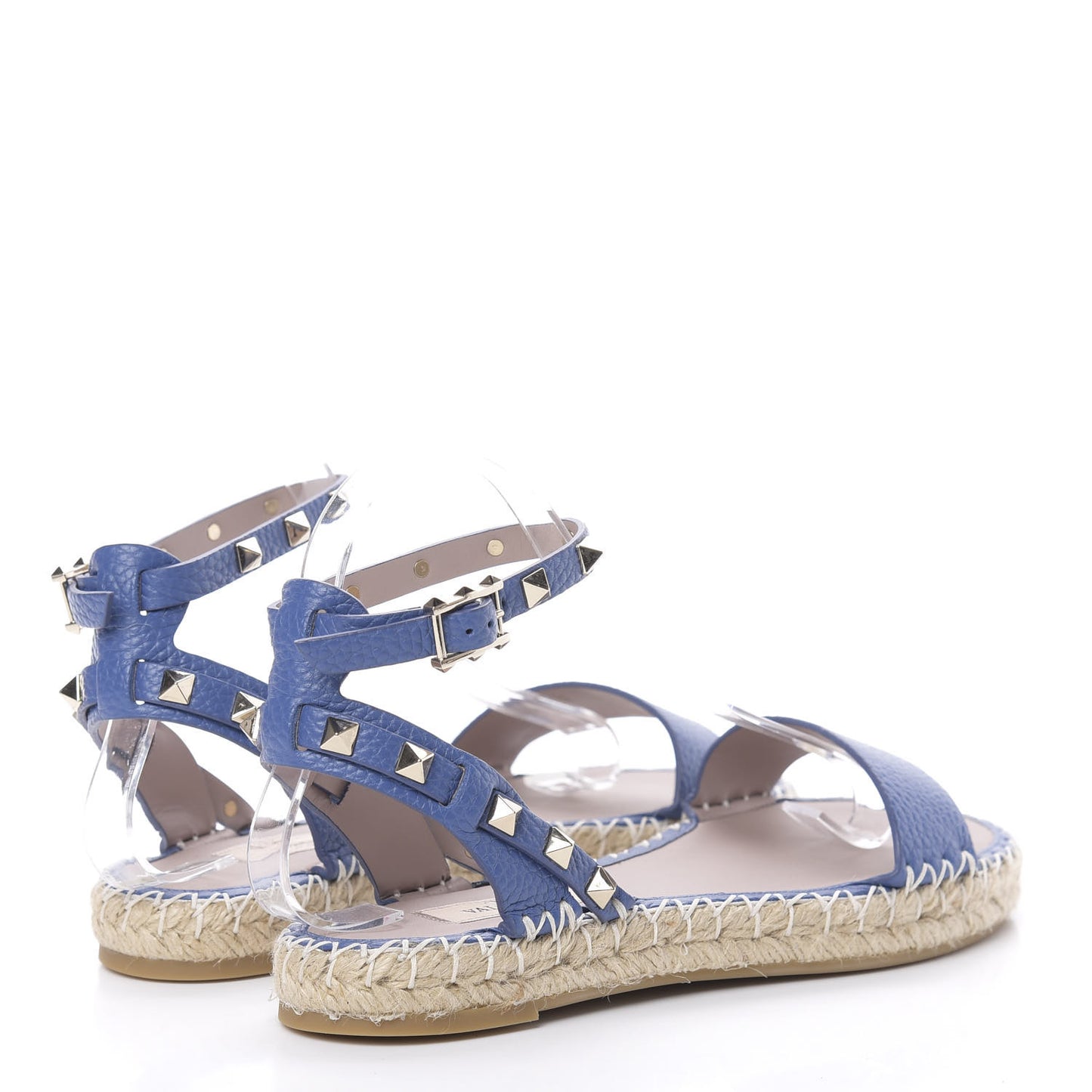 Grained Calfskin Rockstud Ankle Strap Espadrille Flat Sandals 36 Baltique