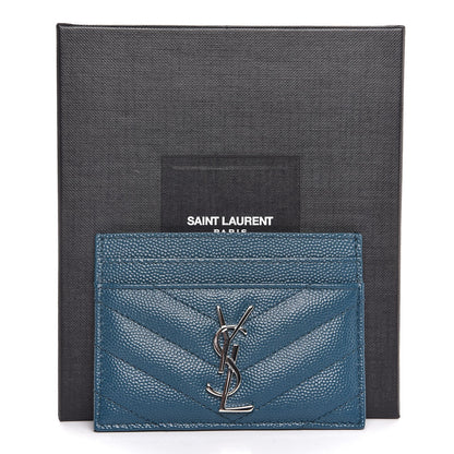 Saint Laurent Grain De Poudre Matelasse Chevron Monogram Credit Card Case Peacock Green 8 of 8