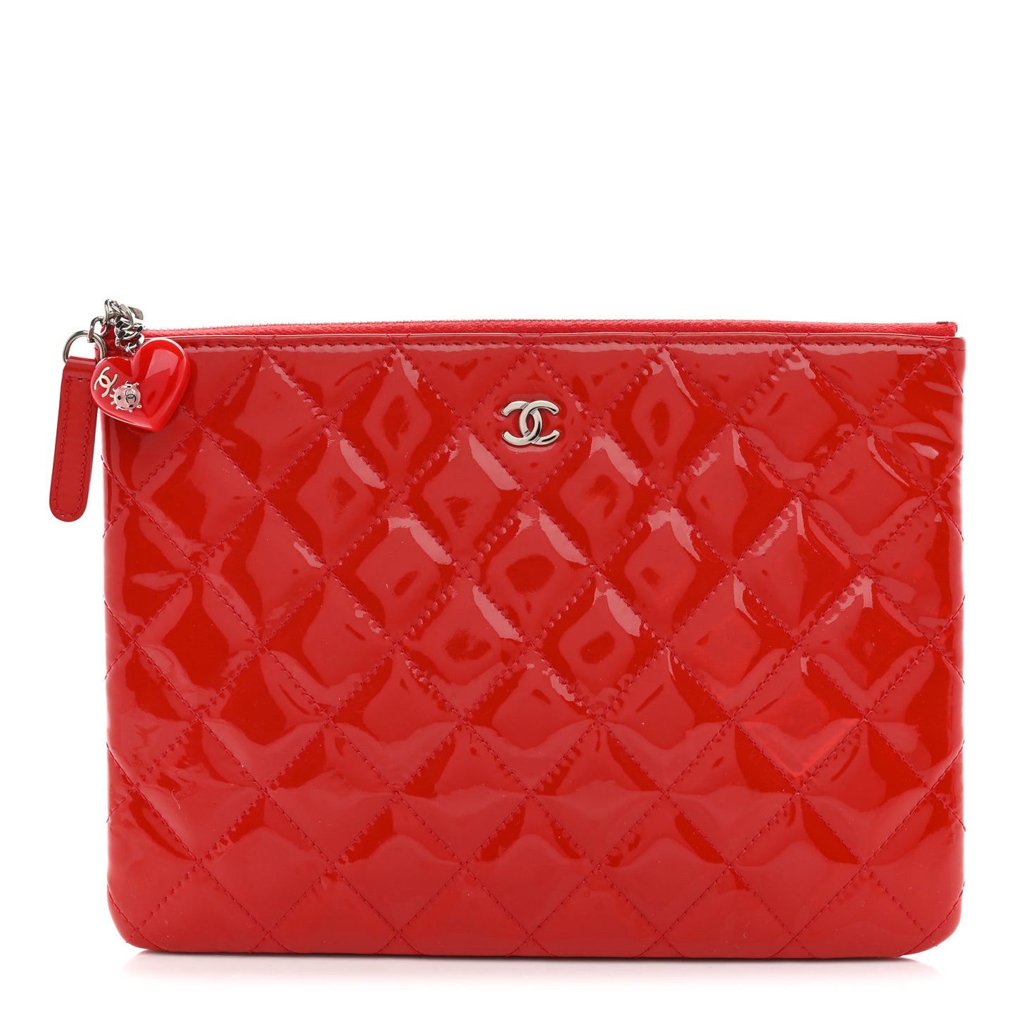 Patent Calfskin Quilted Valentine Hearts Medium O Cosmetic Case Red