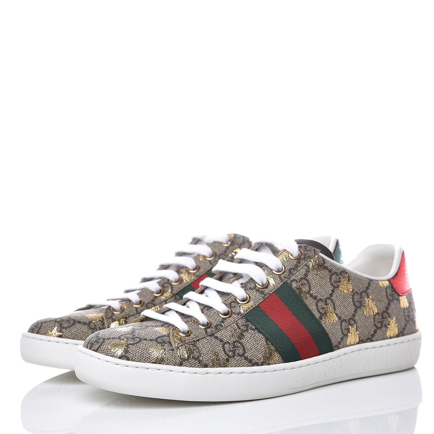 Gucci GG Supreme Monogram Bees Ayers Web Womens Ace Sneakers 37 Beige Oro Green Red 3 of 11