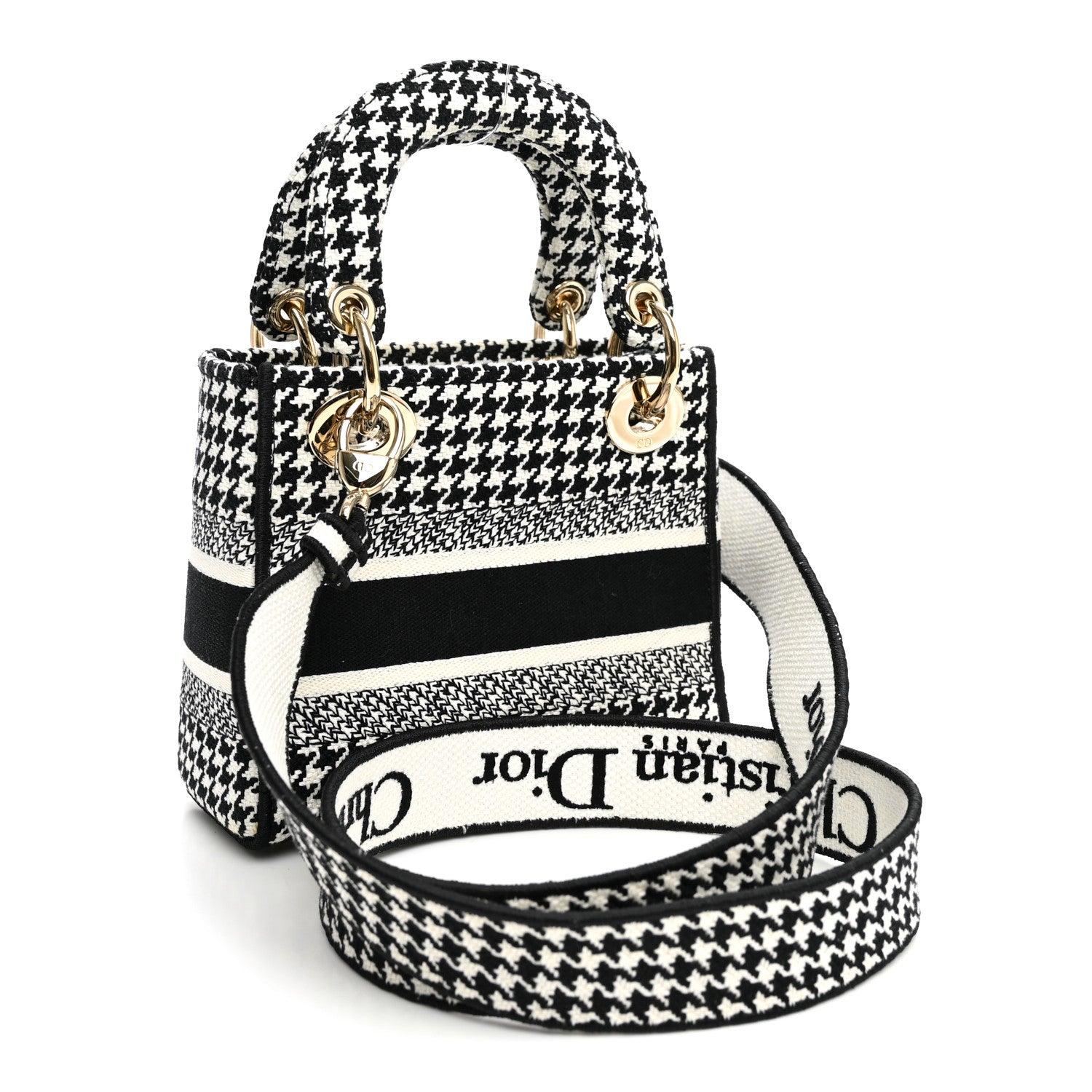 Christian Dior Canvas Houndstooth Embroidered Mini Lady D-Lite Black White 3 of 10